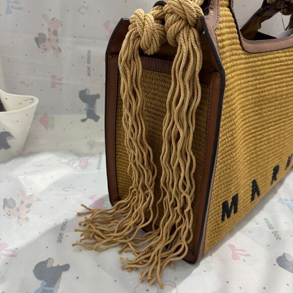 Marni Embroidered Logo Tassel Straw Tote Bag - Picture 3 of 5